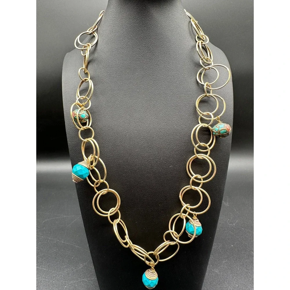 Gold Tone Chunky Link Necklace with Turquoise and Cloisonne‎ Beads Statement